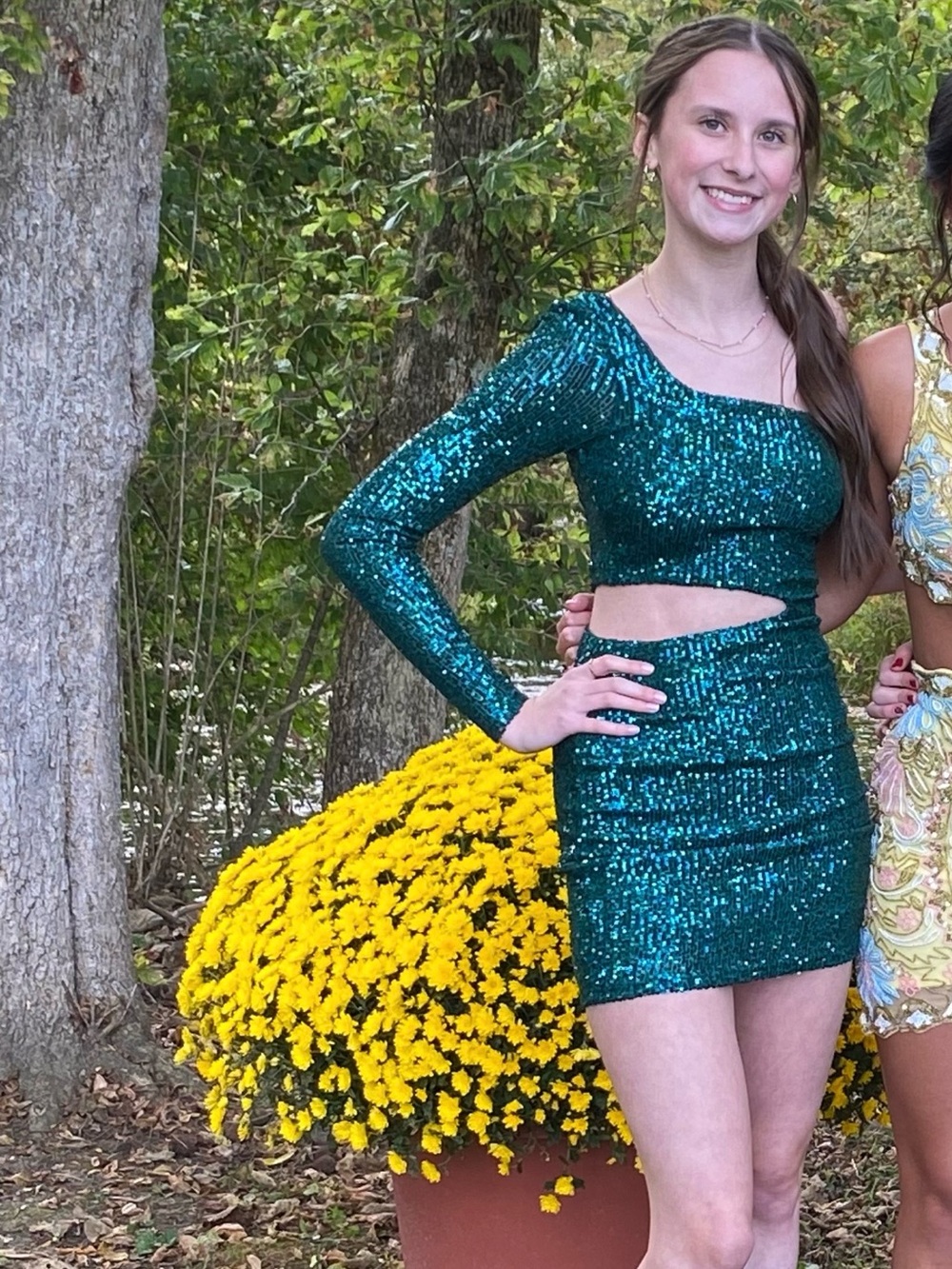 Green Homecoming Dress Allover Sequin One Shoulder Middle Cutout Size XS